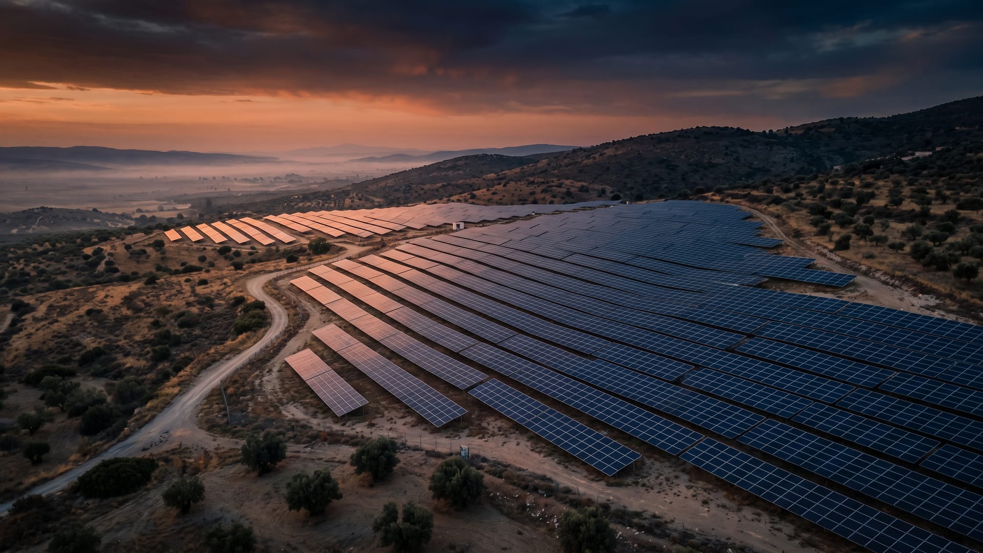 Aerial view of a solar farm in the Greek countryside at dawn